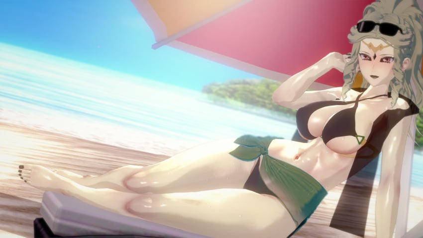 1girls alternate_costume bare_legs barefoot beach beach_chair bikini black_bikini black_lips black_lipstick black_nails black_swimsuit breasts chair cleavage covered_nipples day earrings eyewear_on_head female female_only fire_emblem fire_emblem_heroes glasses grey_hair hourglass_figure hyd large_breasts legs letizia_(fire_emblem) lipstick long_hair looking_at_viewer nail_polish nintendo ocean on_side outdoors parasol ponytail red_eyes sand sarong see-through sideboob smile solo sunglasses sunglasses_on_head swimsuit umbrella underboob water wavy_hair