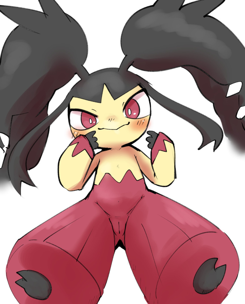 anthro blush doneru fangs female genitals hair_mouth hi_res innie_pussy looking_at_viewer mawile mega_evolution mega_mawile nintendo pokemon pokemon_(species) pseudo_hair pussy red_body sharp_teeth simple_background sitting smile solo tan_body teeth white_background