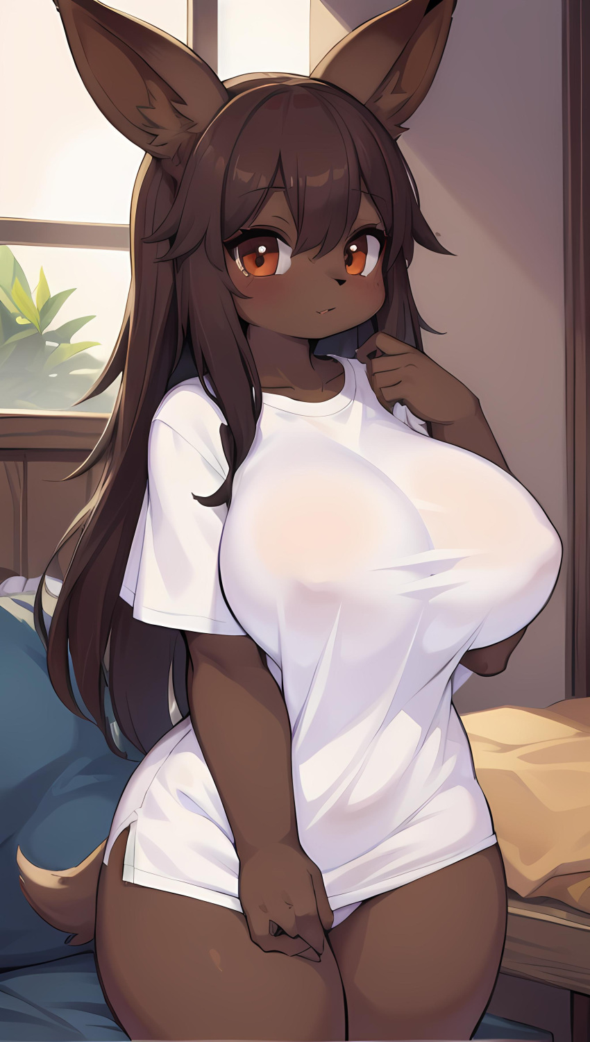 ai_generated anthro awokose big_breasts clothed eevee furry huge_breasts oversized_shirt pokemon stable_diffusion