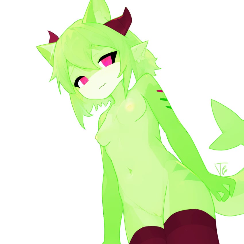 areolae digital_drawing_(artwork) female green_body green_hair green_skin hi_res kaiju_paradise kawaii medium_breasts patterns red_eyes red_horns roblox roblox_game shark shark_girl shark_tail shorks_(kaiju_paradise) thatpastelfoxxo watermelon_shork_(kaiju_paradise) white_background