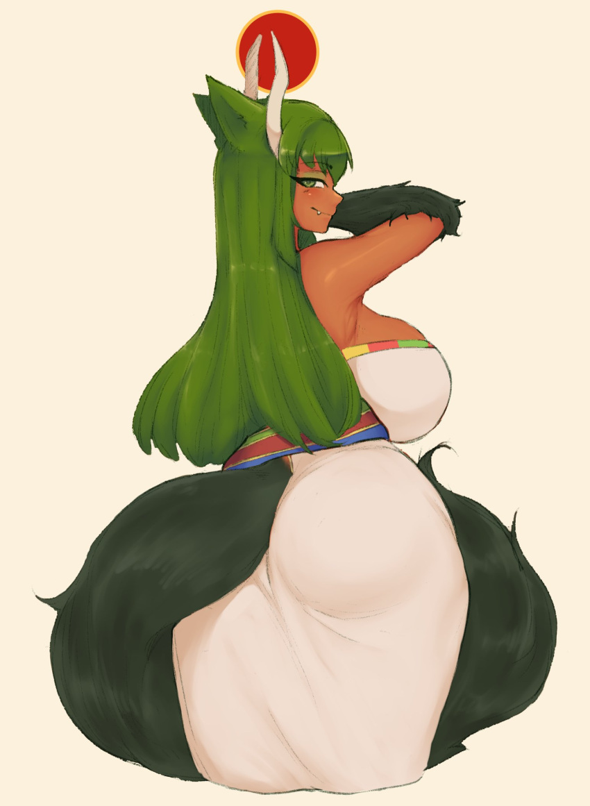 1girls dark_skinned_female dress huge_ass huge_breasts looking_back operatorsecret original solo tail