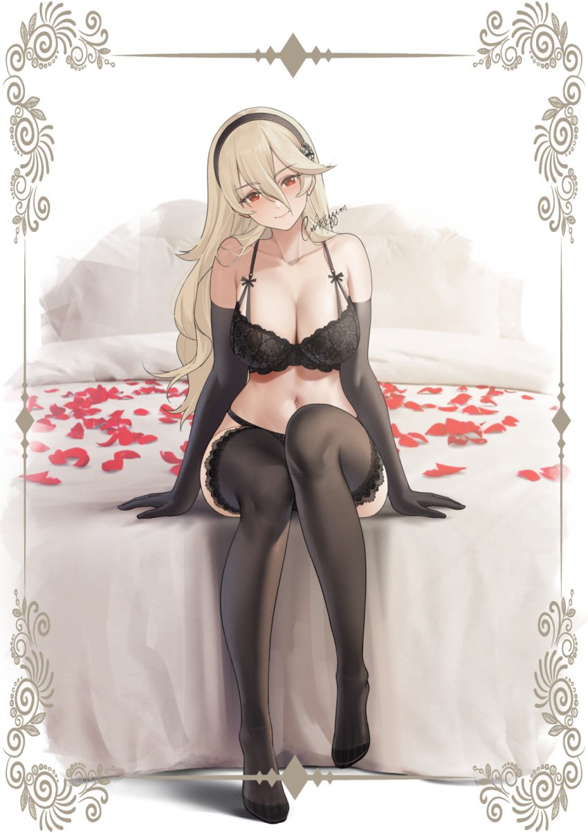 1girls black_bra black_gloves black_hairband black_panties black_thighhighs blonde_hair bra breasts closed_mouth collarbone corrin_(female)_(fire_emblem) corrin_(fire_emblem) corrin_(fire_emblem)_(female) elbow_gloves english_commentary female female_only fire_emblem fire_emblem_fates full_body gloves hairband head_tilt highres large_breasts lingerie long_hair looking_at_viewer navel nintendo panties petals red_eyes rose_petals shizuko_hideyoshi sitting smile solo stomach thighhighs underwear underwear_only wavy_hair white_hair