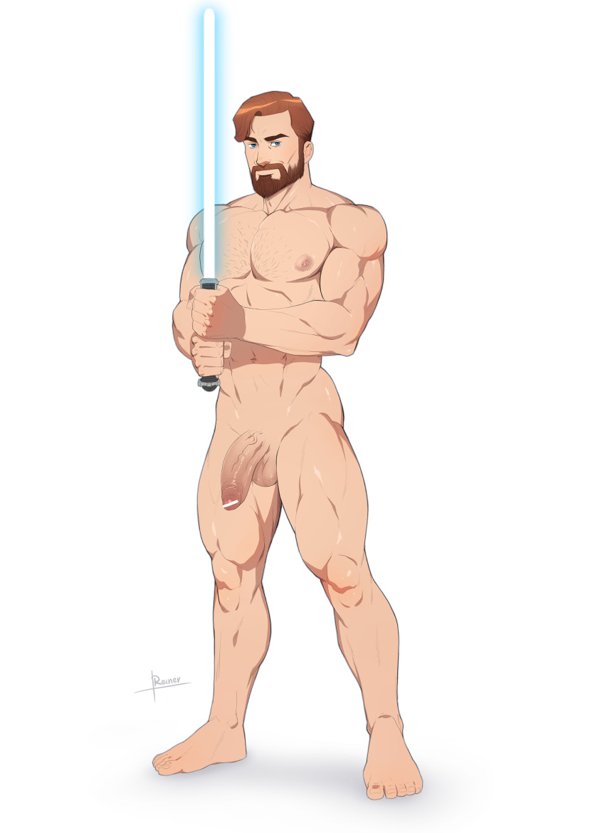 1boy abs balls bara beard biceps big_balls big_penis blue_eyes censored completely_nude facial_hair flaccid flaccid_penis gay hairy hi_res highres huge_cock lightsaber_hilt looking_at_viewer male male_focus male_only muscles muscular muscular_arms muscular_legs muscular_male muscular_thighs nipples nude obi-wan_kenobi penis reiner55 solo solo_male star_wars vein veiny_penis