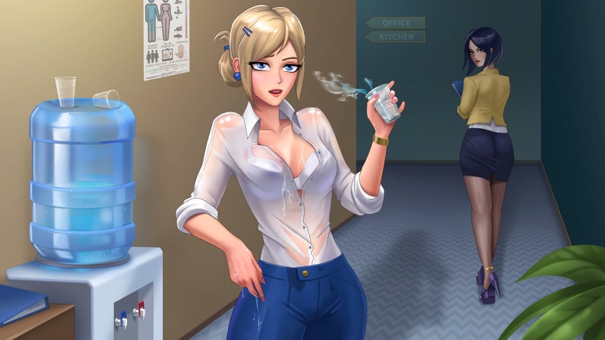 2girls blue_eyes female horny_villa ivory_(horny_villa) kira_(horny_villa) multiple_girls nutaku office office_lady wet_clothes