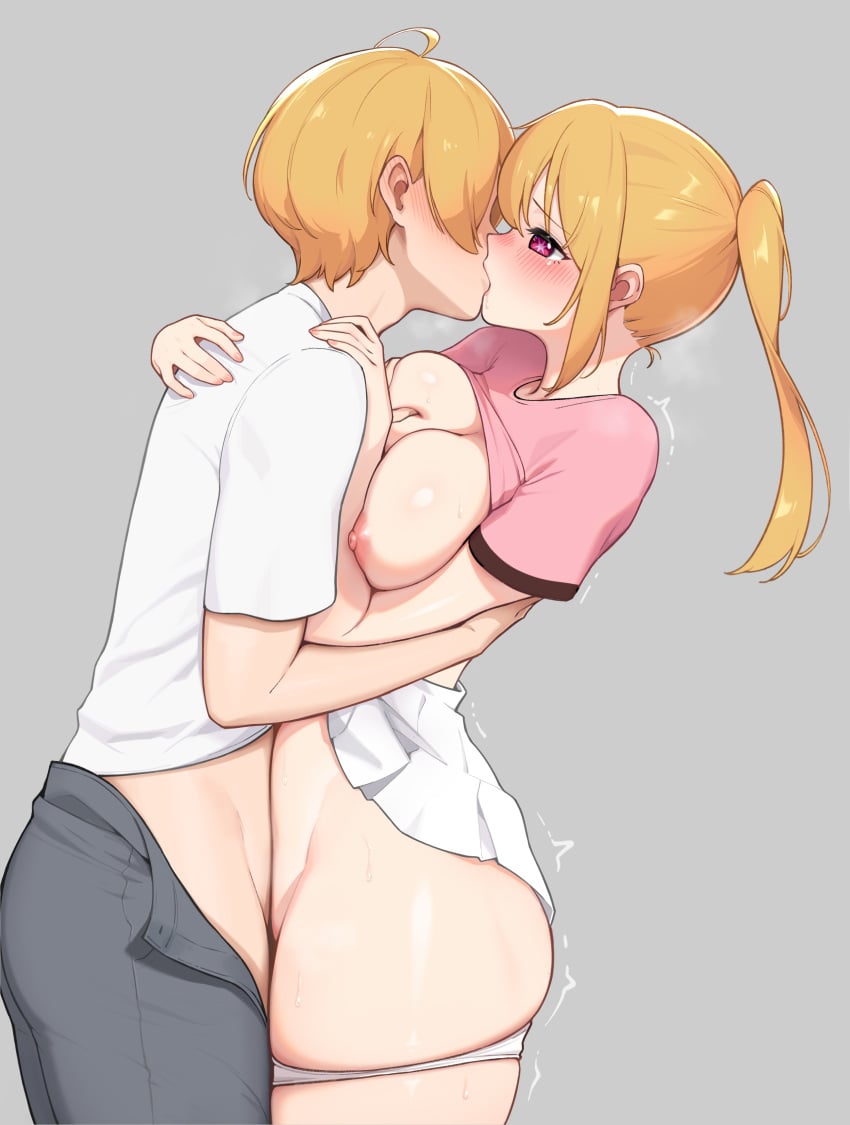 1boy 1girls absurdres ahoge blonde_hair blush breasts brother_and_sister clothed_sex clothes_lift clothes_pull ear_blush female fit_female french_kiss grabbing grabbing_another's_breast grey_background highres hoshino_aquamarine hoshino_ruby houkago_shounen hug hugging incest kissing kissing_while_penetrated large_breasts male_penetrating nipples oshi_no_ko panties pants pants_pull panty_pull pink_shirt ponytail profile red_eyes sex shirt shirt_lift siblings simple_background skindentation skirt skirt_lift slim_waist standing standing_sex star-shaped_pupils star_(symbol) straight sweatdrop symbol-shaped_pupils teenage_girl teenager thick_thighs trembling twincest twins underwear vaginal_penetration white_shirt