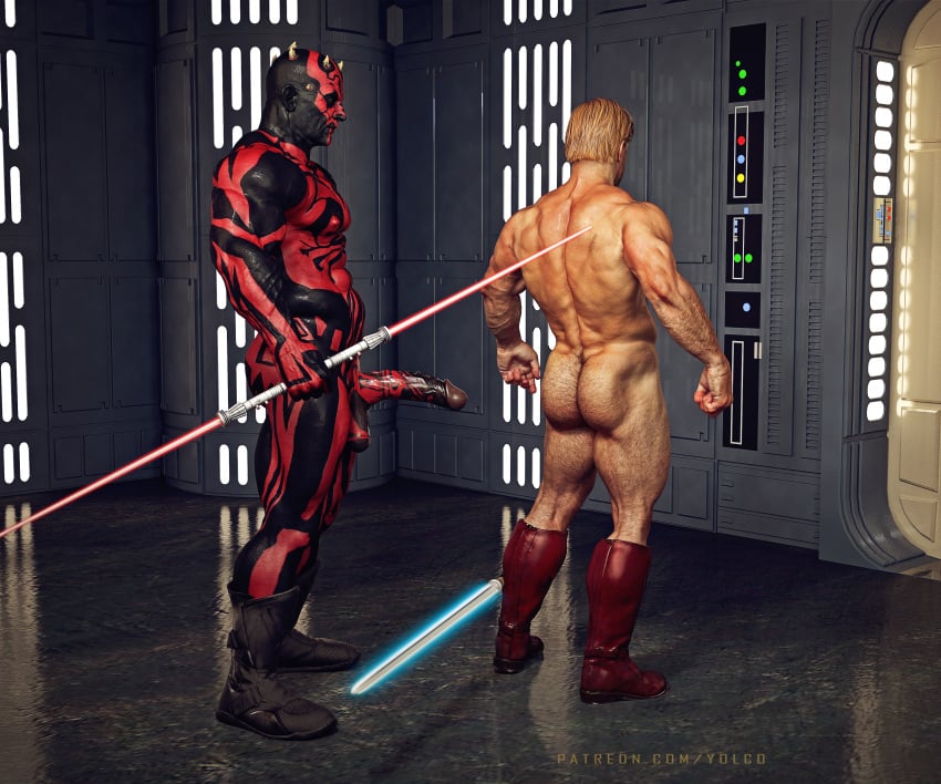 2boys abs ass balls bara beard biceps big_balls big_penis blonde_hair comic completely_nude darth_maul erection facial_hair gay hairy hi_res highres huge_cock lightsaber_hilt male male/male male_focus male_only muscles muscular muscular_arms muscular_back muscular_legs muscular_male muscular_thighs nipples nude obi-wan_kenobi penis red-skinned_male solo solo_male star_wars the_phantom_menace vein veiny_penis yolco zabrak