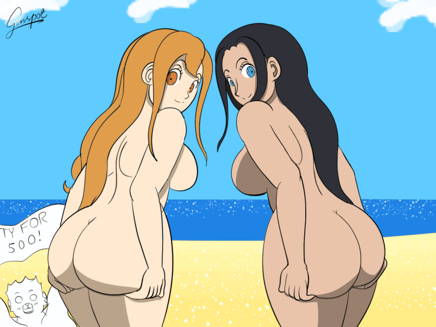 1boy 2girls animated ass ass_up beach blue_eyes bouncing_ass breasts celebration color dark-skinned_female dark_hair dat_ass female female_focus follower_celebration from_behind ginspot huge_ass jiggling_ass light-skinned_female long_hair looking_at_viewer looking_back male milestone_celebration nami nami_(one_piece) nico_robin nude nude_female nudist one_piece orange_eyes orange_hair post-timeskip presenting_ass shaking_butt sideboob smile tony_tony_chopper