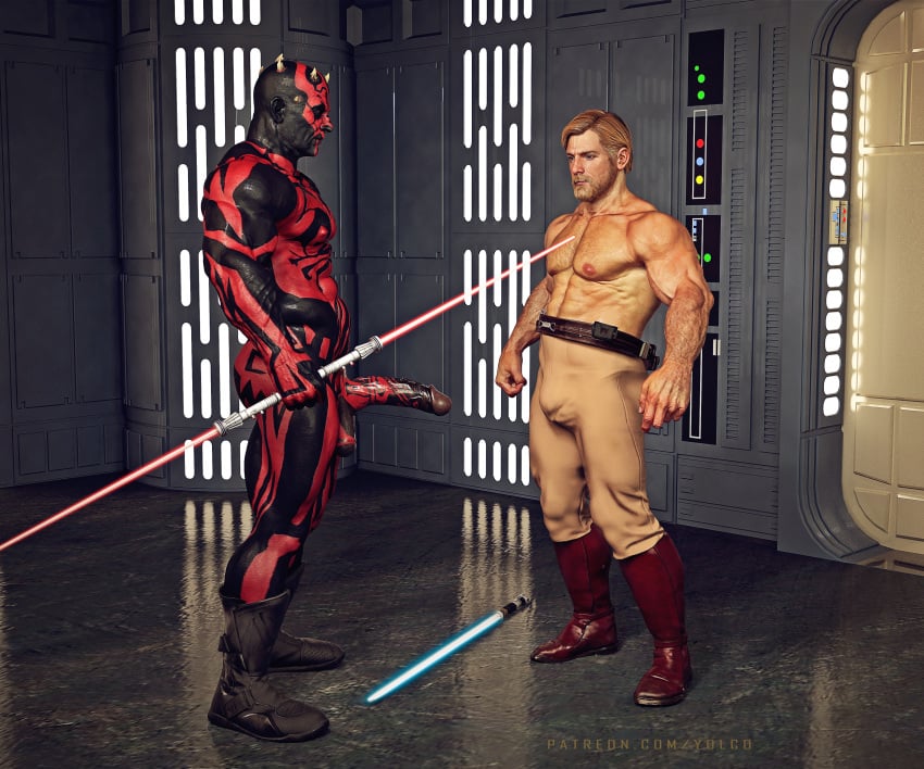 2boys abs armpit_hair balls bara beard biceps big_balls big_bulge big_penis blonde_hair bulge bulge_through_clothing comic completely_nude darth_maul erection facial_hair gay hairy hairy_chest hi_res highres huge_bulge huge_cock lightsaber_hilt male male/male male_focus male_only muscles muscular muscular_arms muscular_legs muscular_male muscular_thighs nipples nude obi-wan_kenobi penis red-skinned_male solo solo_male star_wars the_phantom_menace vein veiny_penis yolco zabrak