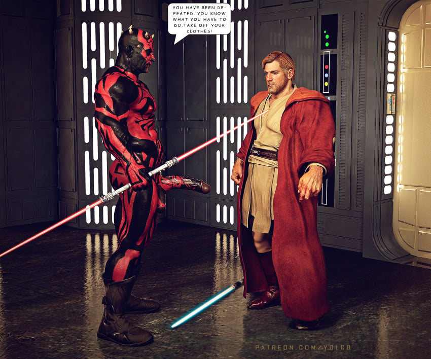 2boys abs balls bara beard biceps big_balls big_penis blonde_hair clothing comic completely_nude darth_maul dialogue english_text erection facial_hair gay hairy hi_res highres huge_cock lightsaber_hilt male male/male male_focus male_only muscles muscular muscular_arms muscular_legs muscular_male muscular_thighs nipples nude obi-wan_kenobi penis red-skinned_male solo solo_male star_wars text the_phantom_menace vein veiny_penis yolco zabrak