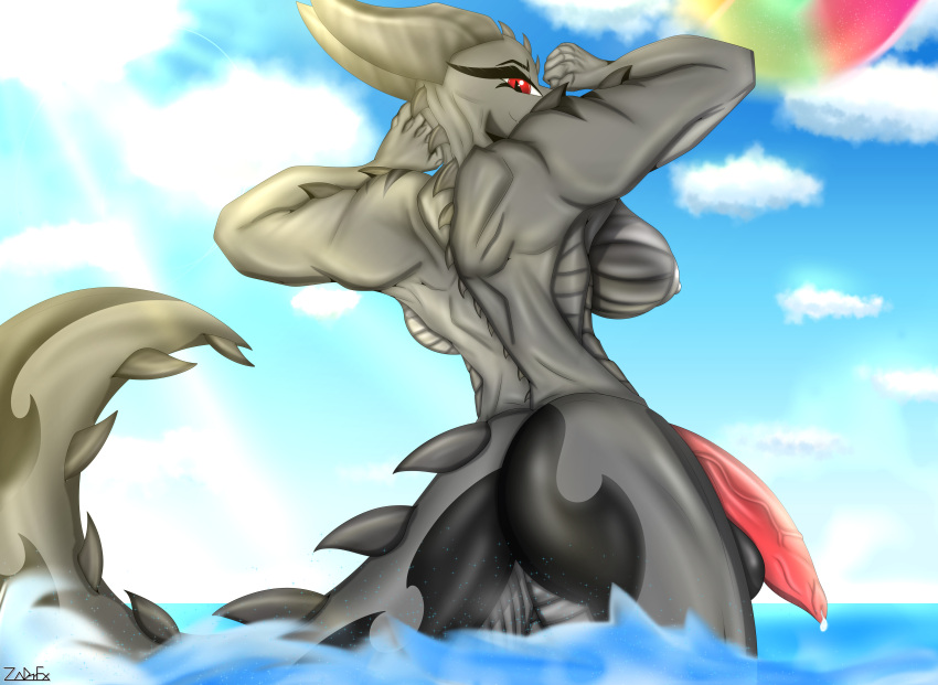 1futa absurd_res anthro arms_above_head ass avara_(zadrex) ball balls beach big_breasts big_butt black_body bodily_fluids breasts claws cum cum_drip digital_media_(artwork) dragon dripping fan_character futanari genital_fluids genitals herm hi_res huge_breasts huge_butt humanoid_genitalia humanoid_penis intersex looking_at_viewer looking_back mammal markings muscular nipples nude penis presenting rear_view scales scalie seaside simple_background smile solo spikes standing tail thick_thighs water zadrex