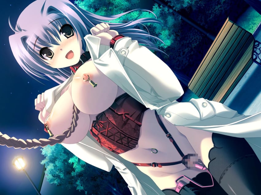 bondage censored clothing exhibitionism large_breasts navel_piercing nipple_bell nipple_piercing nipple_rings public_nudity public_vibrator stockings tsurugi_hagane vibrator