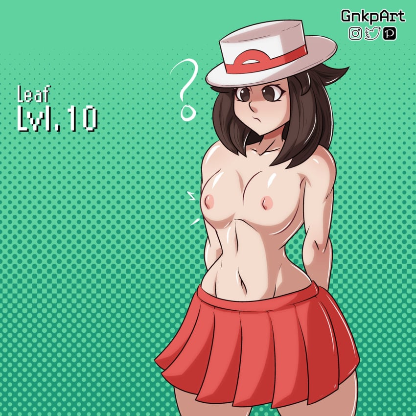 2023 ? arms_behind_back breast_expansion breasts brown_eyes brown_hair gnkpart hat leaf_(pokemon) navel nipples pokemon pokemon_frlg skirt slim_waist small_breasts