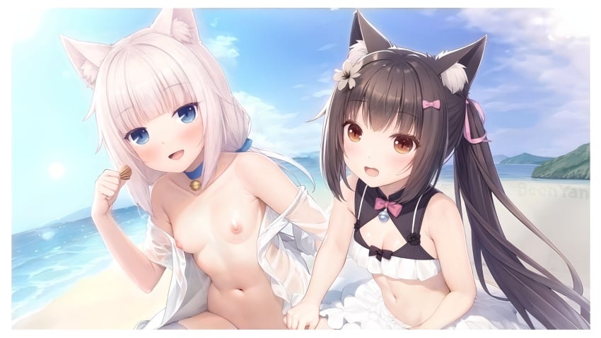 2girls ai_generated animal_ear_fluff animal_ears bangs bare_arms bare_shoulders beach beenyan bell bikini black_hair blue_eyes blue_sky blunt_bangs blush bow breasts brown_eyes brown_hair cat_ears cat_girl cat_tail chocola_(sayori) choker clavicle cleavage clothing clothing_cutout cloud collar crop_top day female female_only flower hair_flower hair_ornament hairbow holding jingle_bell long_hair looking_at_viewer low_twintails multiple_girls navel neck_bell nekopara nipples no_bra nude ocean oerba_yun_fang off_shoulder open-mouth_smile open_clothes open_mouth open_shirt outdoors pink_bow pink_ribbon sand sayori_(neko_works) see-through shirt sitting skirt sky small_breasts smile stomach swimsuit tail thighhighs tied_hair twintails vanilla_(sayori) very_long_hair water wet white_bikini white_hair white_shirt white_skirt