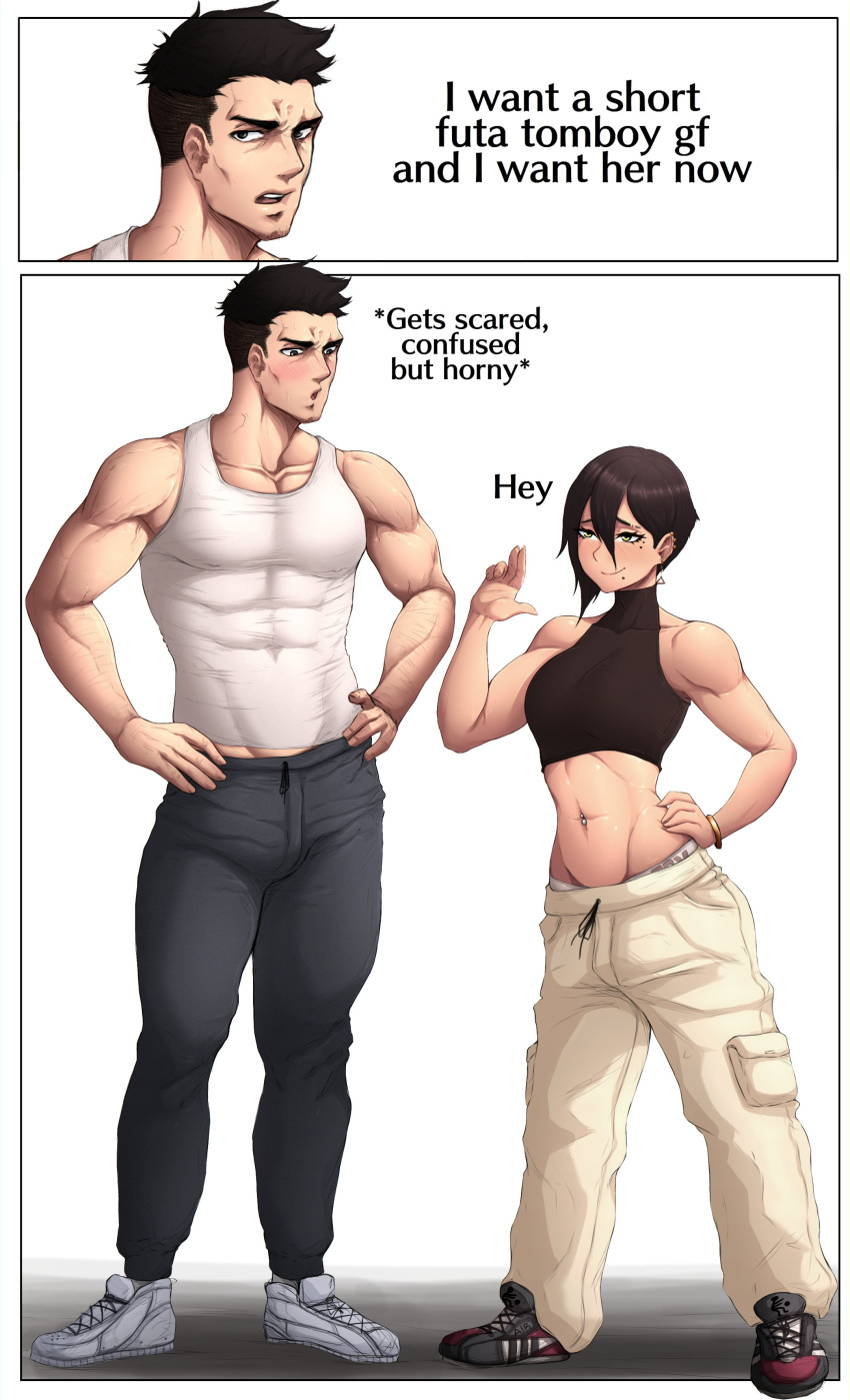 1boy 1futa black_hair blush clothed clothing dark_nipples english_text female fit fit_male fully_clothed futanari height_difference intersex light-skinned_futa light-skinned_male light_skin male midriff muscular muscular_male short short_hair tagme tall taller_male text tomboy toned toned_male vicsenpai