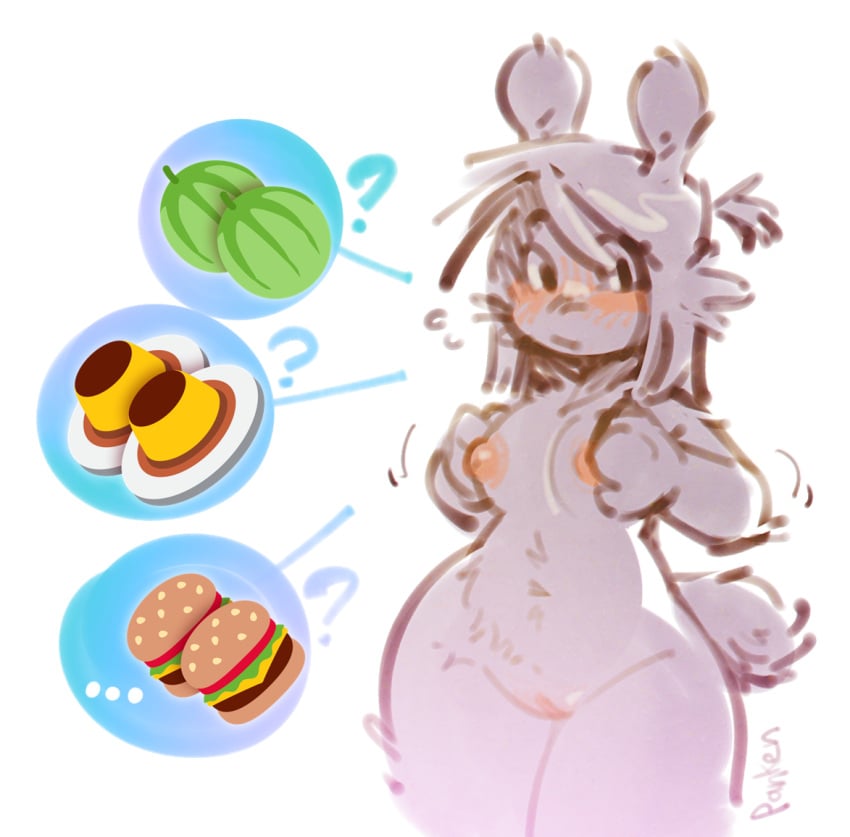 ambiguous_species anthro blush breast_squeeze breasts burger cute dessert female food fruit genitals looking_at_viewer melon nude panken plant pudding pussy question_mark solo speech_bubble standing