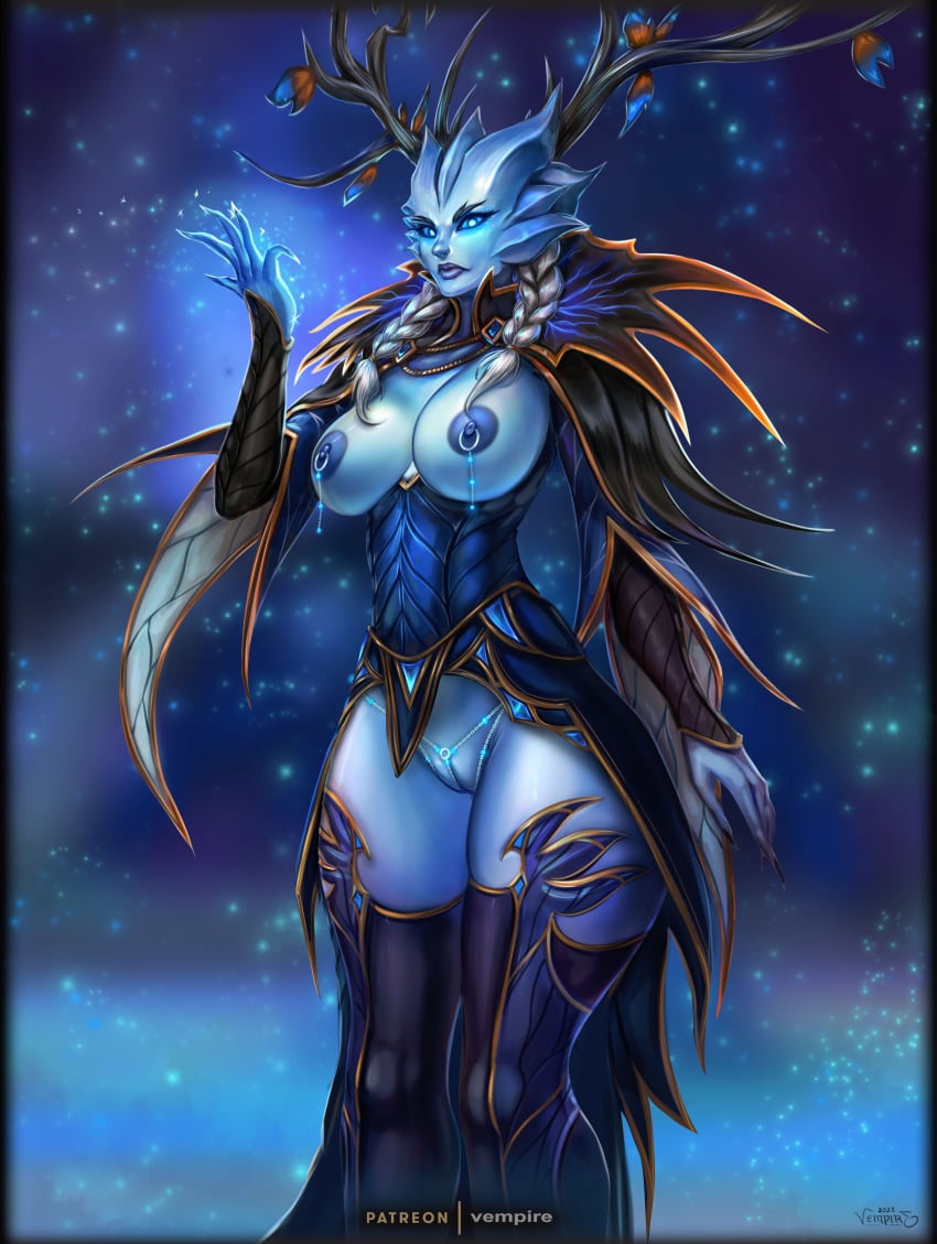 1girls athletic_female big_breasts blizzard_entertainment blue_skin nipple_piercing partially_clothed pussy solo thick_thighs thighhighs vempire warcraft white_hair winter_queen world_of_warcraft