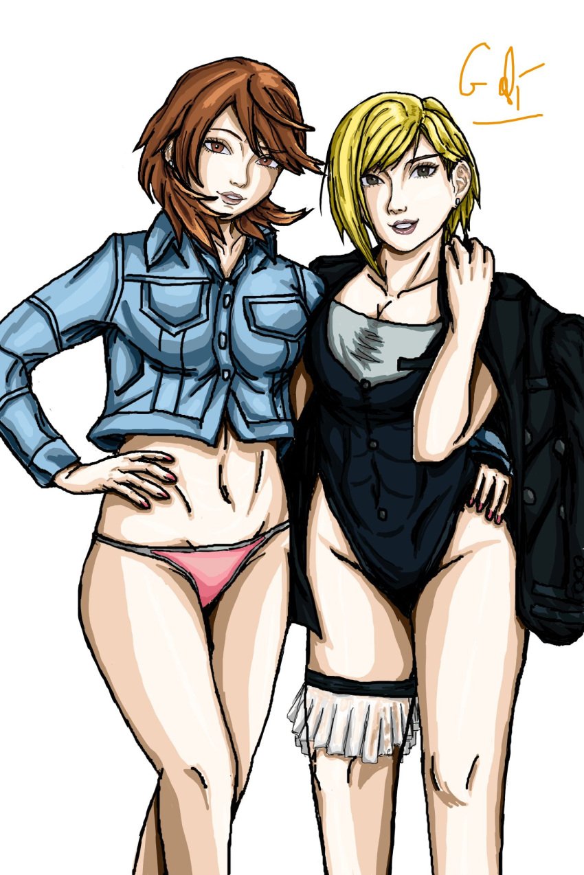 2girls bikini black_eyes blonde_hair brown_eyes brown_hair cameruptsauvage crossover elena_(final_fantasy) female female_only final_fantasy final_fantasy_vii final_fantasy_vii_remake hand_on_hip jean_jacket megami_tensei one_piece_swimsuit persona persona_3 persona_3_portable persona_4_arena_ultimax short_hair square_enix suit_jacket swimsuit two_piece_swimsuit yukari_takeba