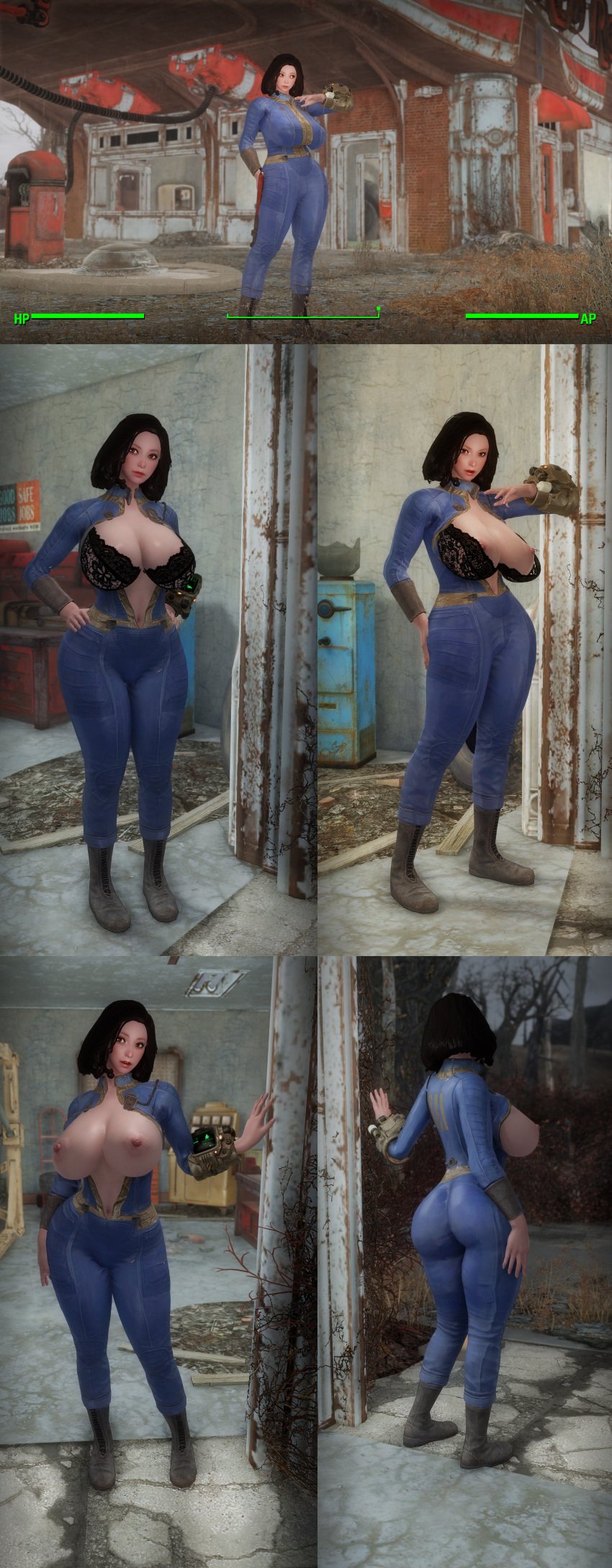 3d bethesda_softworks bodysuit breasts emotrashcan exposed_breasts fallout fallout_4 female gameplay_mechanics gui health_bar looking_at_viewer screenshot sole_survivor_(female) vault_dweller