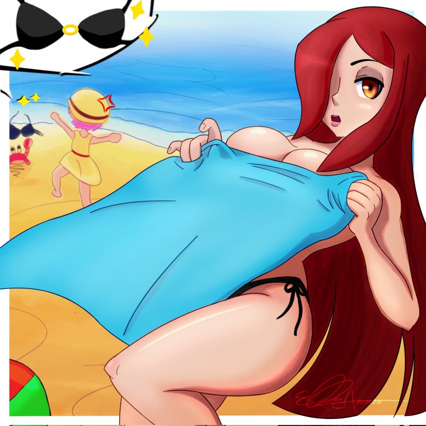 beach bikini_malfunction breasts eliezer_b. parasoul skullgirls stolen_bikini stolen_swimsuit swimsuit wardrobe_malfunction