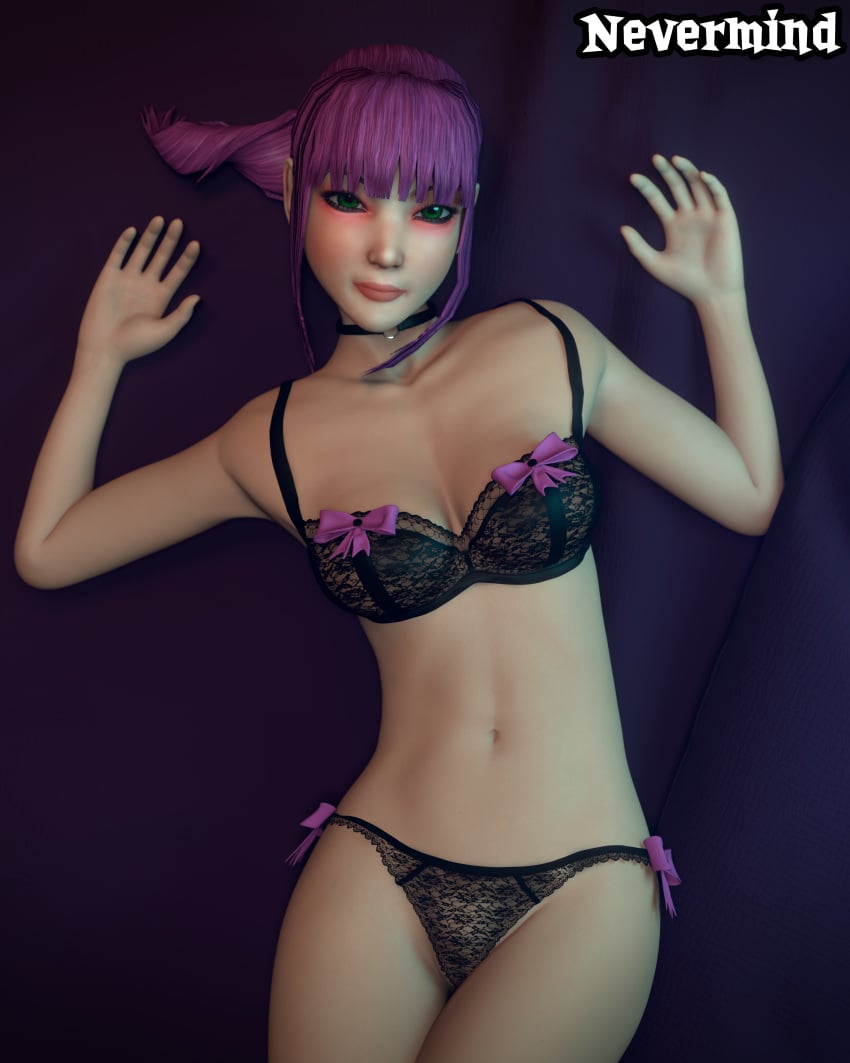 3d bed blender bra cute green_eyes guitar_hero japanese light-skinned_female light_skin looking_at_viewer makeup midori_(guitar_hero) nevermind_(artist) panties purple_hair ribbon underwear