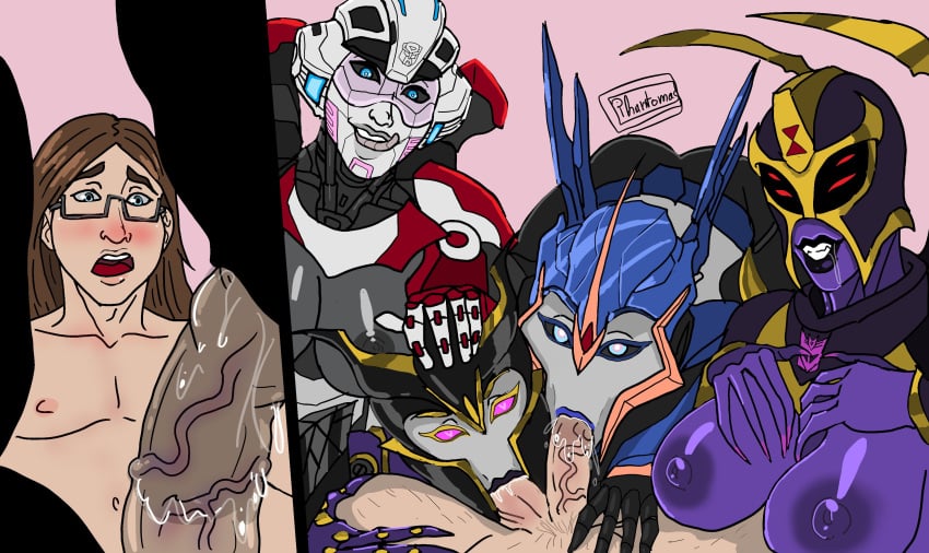 1boy 4girls airachnid arcee arcee_(prime) arcee_(rotb) athletic_female big_breasts blackarachnia blowjob blowjob_face fellatio fivesome glasses horny human human_penetrating interspecies josue_z5_tf light-skinned_male long_hair phantomas(artist) pov rape robot robot_girl saliva sucking_testicles transformers transformers_animated transformers_prime transformers_rise_of_the_beasts