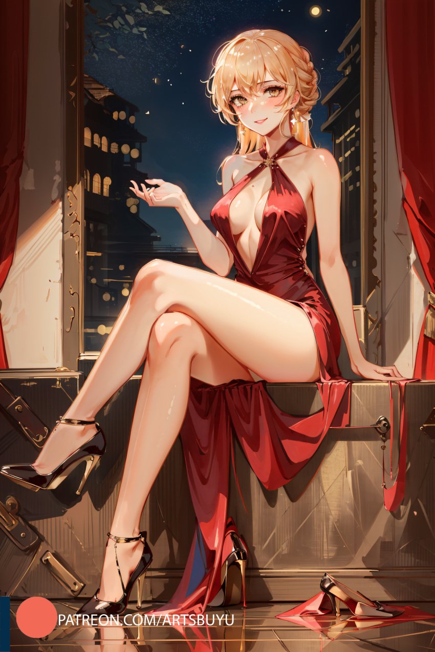 1girls ai_generated artsbuyu black_heels blonde_hair blush crossed_legs dress girls'_frontline heels hi_res high_heels medium_breasts orange_eyes ots-14_(girls'_frontline) red_dress short_hair sitting stable_diffusion