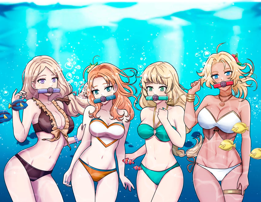 4girls absurdres ahoge alternate_costume alternate_hairstyle annette_fantine_dominic aqua_bikini aqua_eyes ass_visible_through_thighs bandeau bikini black_bikini black_bow blonde_hair blue_eyes bow breasts brown_bikini brown_swimsuit catherine_(fire_emblem) cleavage commission dark-skinned_female dark_skin diving female female_only fire_emblem fire_emblem:_three_houses fire_emblem_heroes fish flower green_bikini green_eyes green_swimsuit hair_flower hair_ornament hair_over_shoulder hairbow halterneck hand_up highres ingrid_brandl_galatea jewelry large_breasts long_hair looking_at_viewer medium_breasts medium_hair mercedes_von_martritz multiple_girls navel necklace nintendo official_alternate_costume orange_bikini orange_hair orange_swimsuit ponytail purple_eyes rebreather red_flower rein_creamsoda second-party_source short_hair side_ponytail small_breasts stomach strapless strapless_bikini swimsuit thighlet thighs underwater white_bikini white_swimsuit