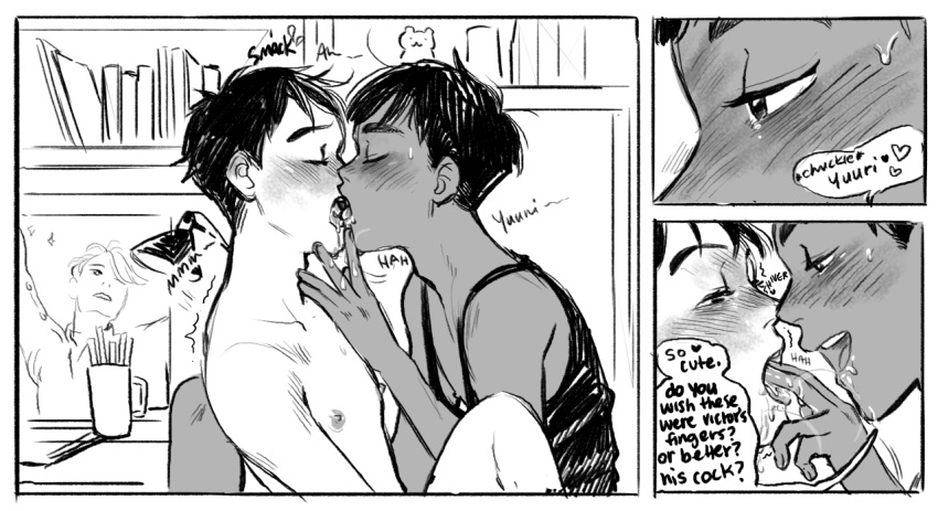 2boys black_hair dark_skin gay glasses katsuki_yuuri kissing light_skin phichit_chulanont yuri!!!_on_ice