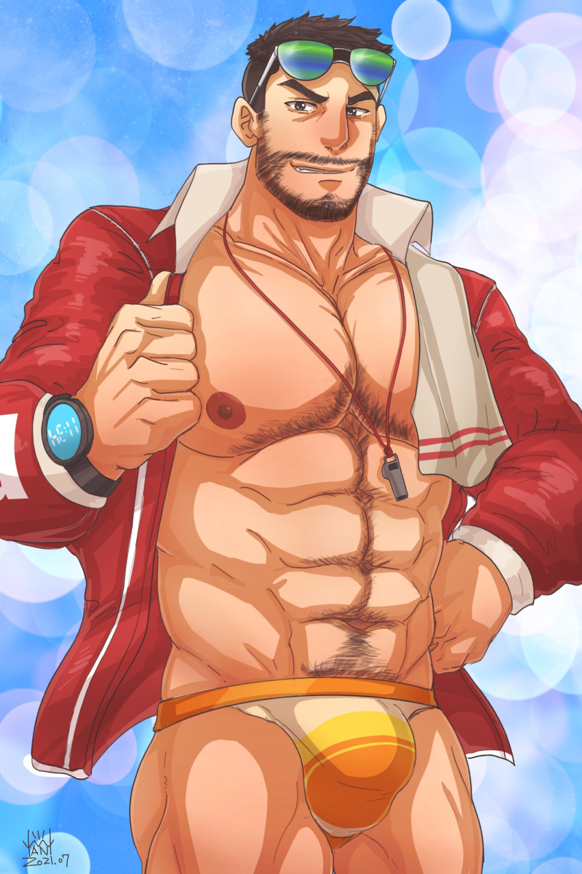 1boy abs bara beard biceps big_bulge black_hair bulge clothing david_king dbd dead_by_daylight facial_hair gay hairy hairy_chest hi_res highres huge_bulge jockstrap lifeguard lifeguard_swimsuit looking_at_viewer male male_focus male_only male_pubic_hair muscles muscular muscular_arms muscular_male nipples no_visible_genitalia peng7496 solo solo_male swimwear