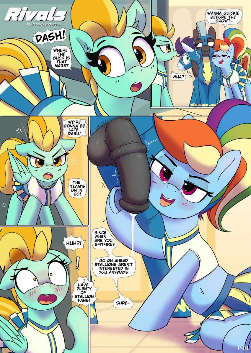 absurd_res blush bottomwear cheerleader clothing comic dialogue english_text equid equine female feral friendship_is_magic hasbro hi_res lightning_dust_(mlp) male male/female mammal my_little_pony pabbley pegasus rainbow_dash_(mlp) skirt soarin_(mlp) text thunderlane_(mlp) wenni wings