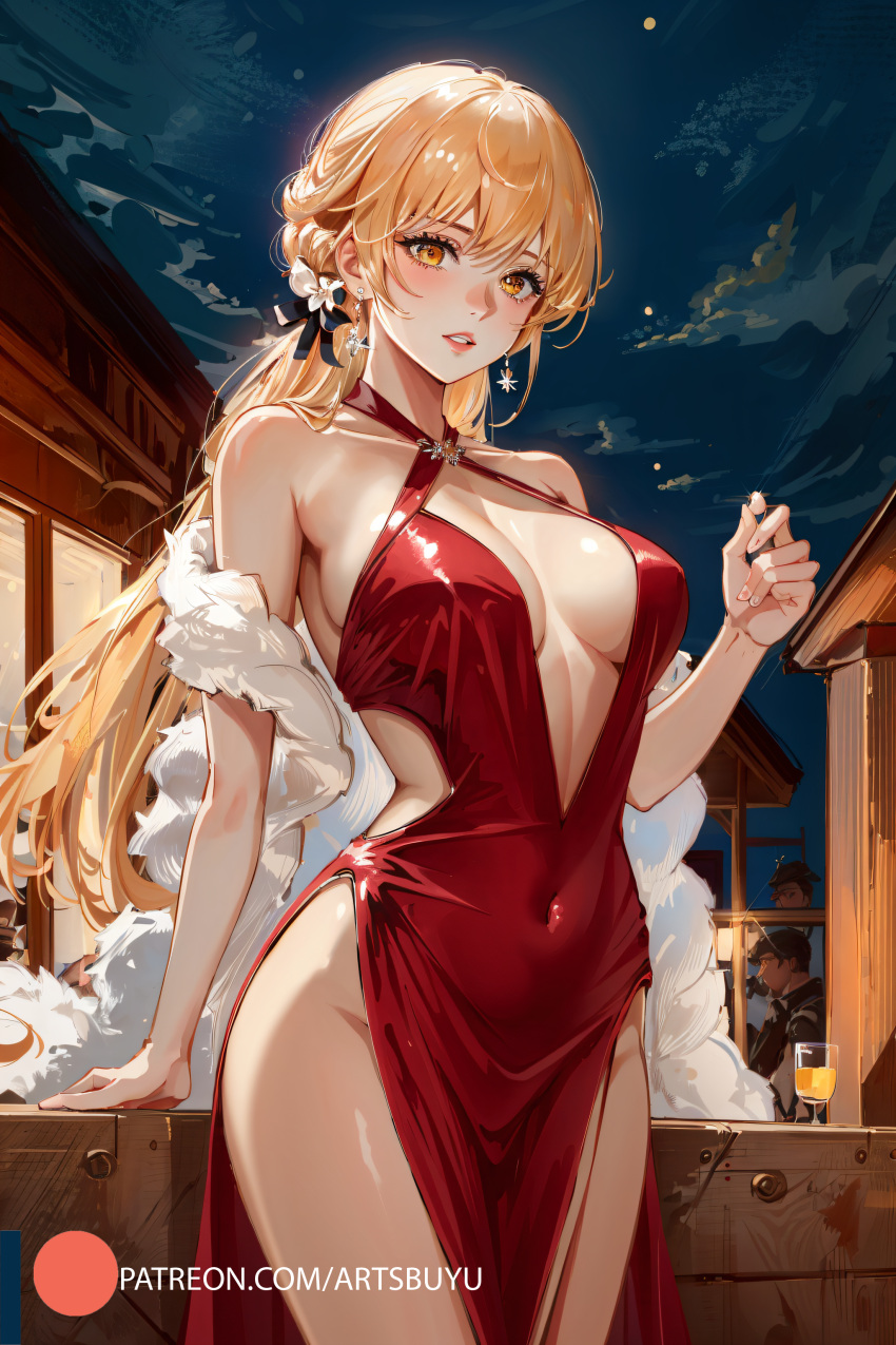 1girls ai_generated artsbuyu blonde_hair blush dress from_below girls'_frontline hi_res leaning looking_down medium_breasts orange_eyes ots-14_(girls'_frontline) red_dress short_hair stable_diffusion standing surprised