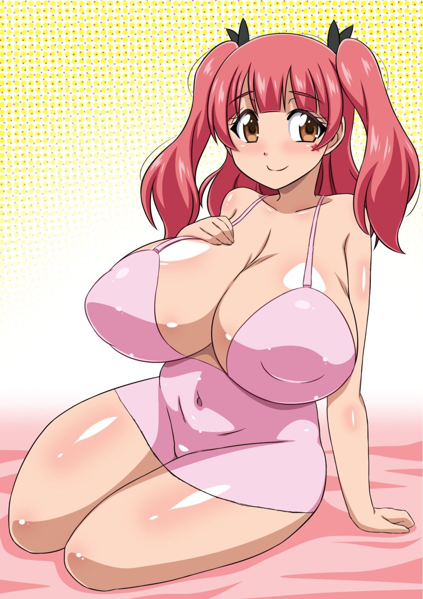 10s 1girls alluring bed bed_sheet breasts brown_eyes closed_mouth covered_erect_nipples dress female female_focus fixed fujinoki_nene full_body hajimete_no_gal highres huge_breasts looking_at_viewer naked_under_clothes navel nightgown no_bra no_panties no_underwear nude_underneath on_bed photoshop pink_hair shortstack sitting smile solo third-party_edit twintails yukimaru_(gojo)