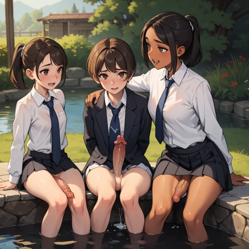 3futas ai_generated asian_futanari brown_eyes brown_hair dark-skinned_futanari enjuuji erika_kato feet_in_water futa_only futanari garden green_grass interracial light-skinned_futanari necktie olivia_marx plant ponytail school_uniform short_hair stephanie_caxton water