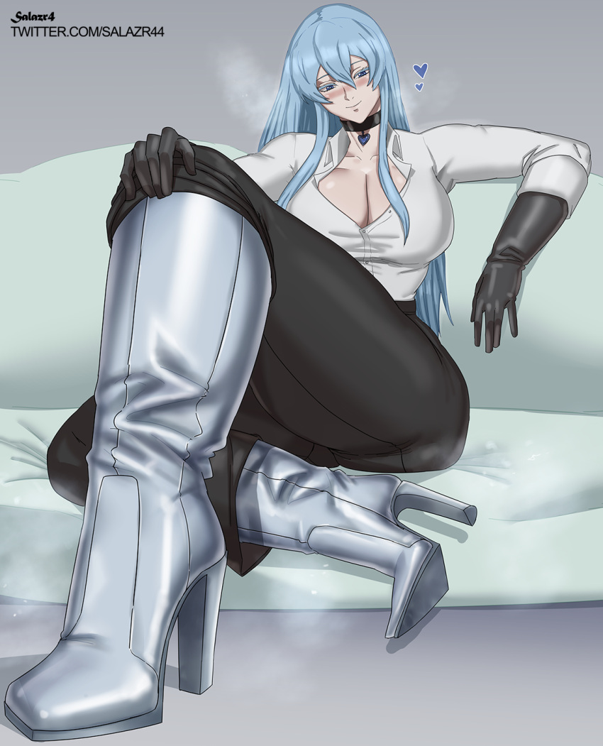 1girls akame_ga_kill! big_breasts blue_eyes blue_hair boots breasts choker cleavage esdeath_(akame_ga_kill!) feet female female_only foot_fetish foot_focus foot_worship gloves heart high_heel_boots high_heels high_waisted_pants large_breasts leather leather_boots leather_clothing leather_gloves long_hair looking_at_viewer milf mommy office_lady older_female pants ponytail salazr4 silver_boots white_shirt