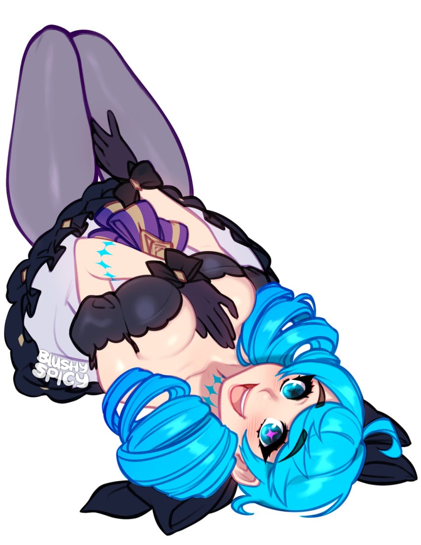 1girls 2023 artist_logo artist_name artist_signature blue_hair blushypixy blushyspicy cleavage clothed clothing cyan_eyes cyan_hair drill_hair eyebrows eyebrows_visible_through_hair eyelashes female female_only gloves gwen_(league_of_legends) hand_on_breast hand_on_head happy heterochromia laying_on_back league_of_legends legwear light_skin looking_at_viewer looking_back_at_viewer multicolored_eyes on_back on_floor ornate_clothing pantyhose pink_eyes smile smiling smiling_at_viewer solo