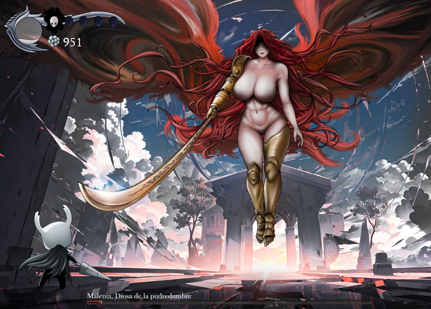 2girls abs big_ass big_breasts crossover elden_ring female female_only fromsoftware goddess hollow_knight huge_breasts large_breasts malenia_blade_of_miquella milf naked_female nude protagonist_(hollow_knight) pzpana red_hair thick_thighs