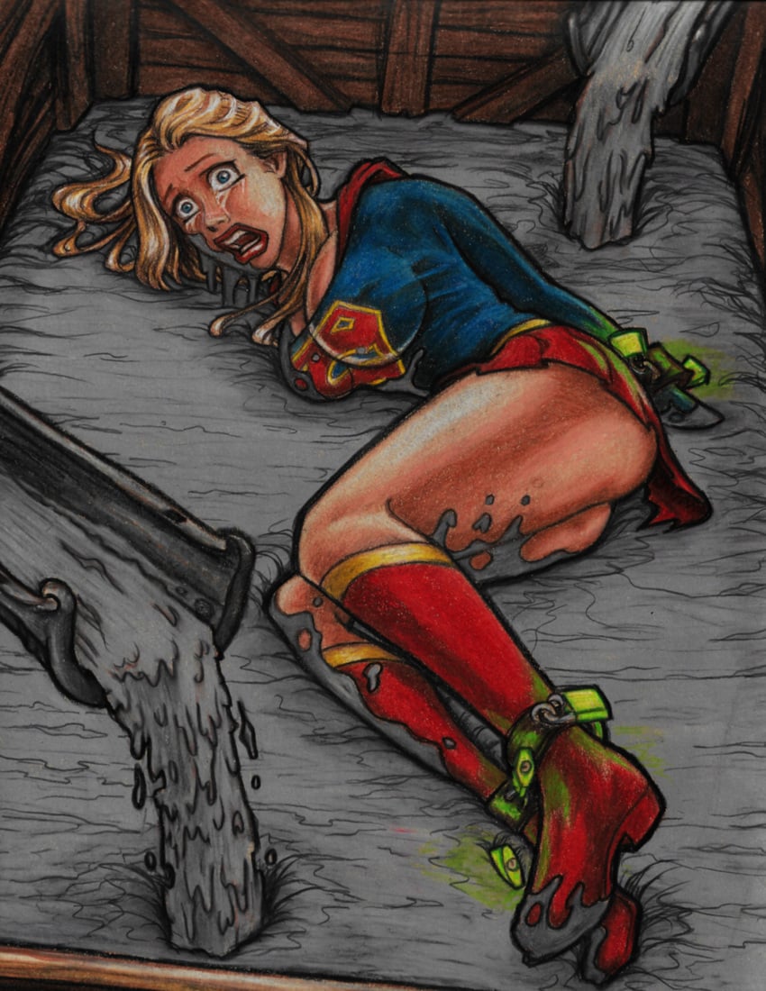 abuse acidtester ankle_cuffs bad_end begging_for_mercy bondage bound_ankles bound_wrists concrete crying dc defeated defeated_heroine defeated_superheroine depowered fear female imminent_death kara_danvers kara_zor-el kryptonite padlock peril permanent permanent_bondage sinking supergirl superheroine tears thighs upskirt wet_cement wide_eyed