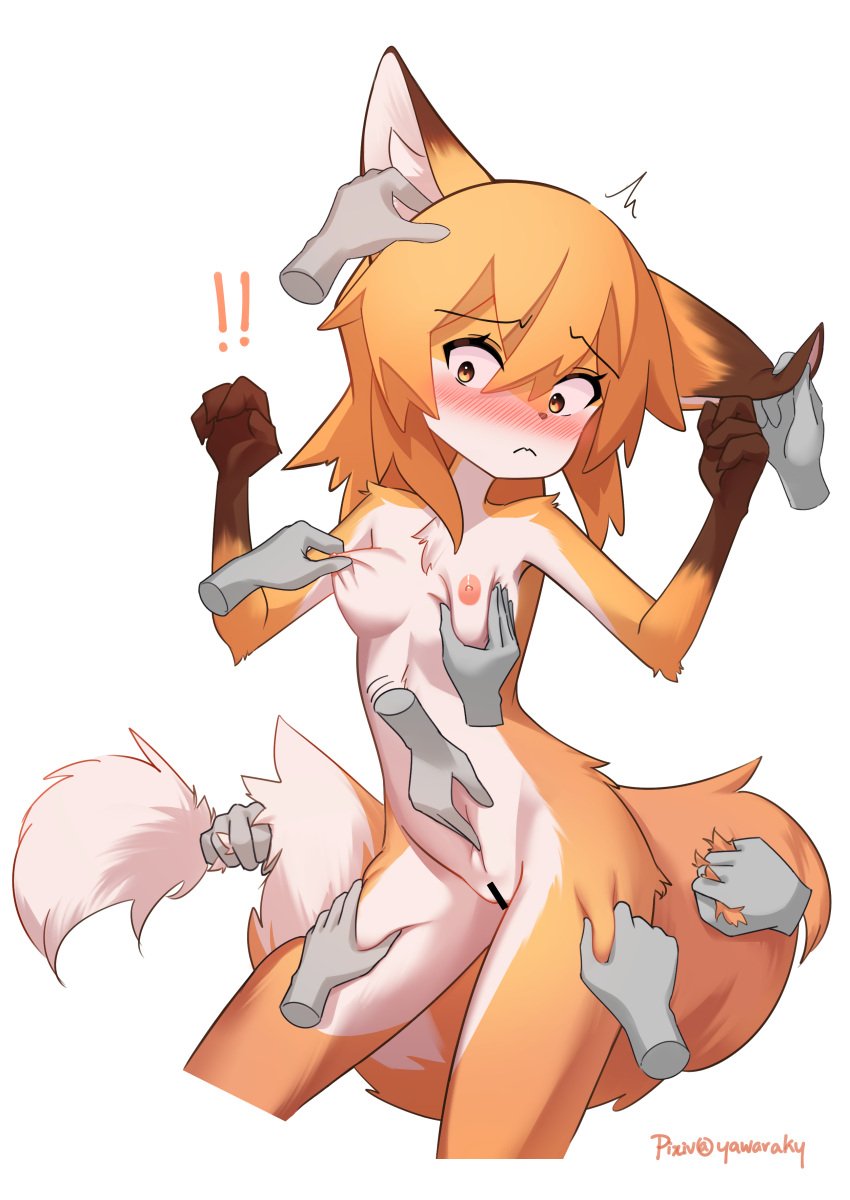 2023 4_fingers absurd_res alternate_species ambiguous_gender anthro anthro_focus areola barely_visible_genitalia barely_visible_pussy blush blush_lines breasts canid canine censor_bar censored countershading cute_fangs digital_media_(artwork) dipstick_tail disembodied_hand embarrassed exclamation_point female female/ambiguous female_anthro female_focus fingers fox fur furrification genitals hair hi_res ineffective_censorship kemono mammal markings multicolored_body multicolored_fur nipples nude open_mouth pussy senko-san sewayaki_kitsune_no_senko-san simple_background solo_focus tail tail_markings text white_background yawaraky