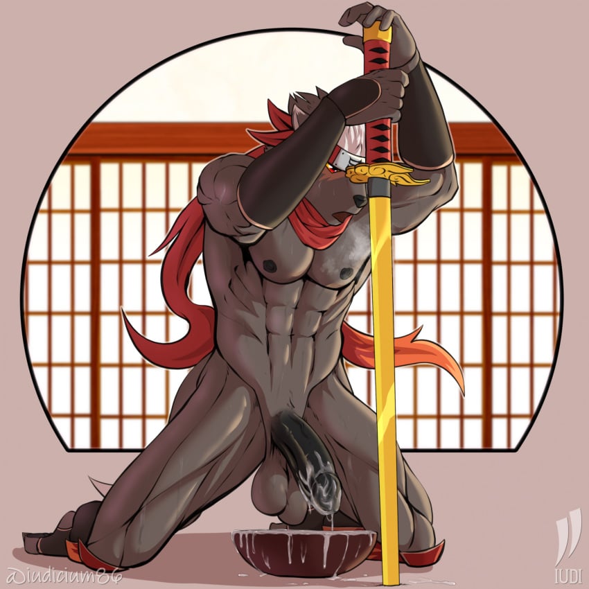 abs anthro armor balls bandana bandanna_only black_nipples black_penis bodily_fluids cum cum_on_bowl fur genital_fluids genitals greaves grey_body grey_fur hair half-erect hi_res iudicium86 japanese_door katana kerchief kerchief_only lifewonders male melee_weapon mostly_nude muscular muscular_arms muscular_male nipples nude pecs penis red_scarf scarf solo sword tadatomo tokyo_afterschool_summoners weapon white_hair