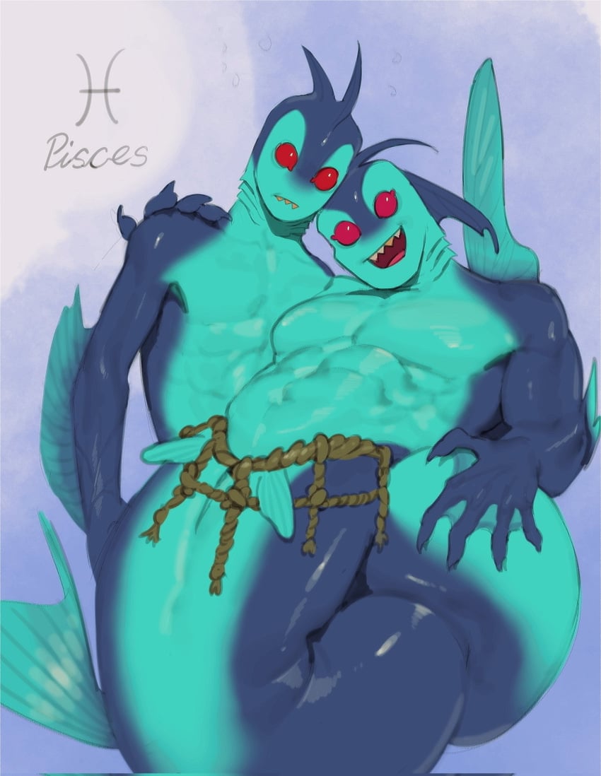 2023 abs animal_genitalia anthro biceps blue_body digital_media_(artwork) duo fin fish genital_slit genitals hi_res kogito male male/male marine muscular muscular_anthro muscular_male navel nude open_mouth open_smile pecs pisces_(symbol) red_eyes sharp_teeth slit smile tail teeth tongue zodiac_sign