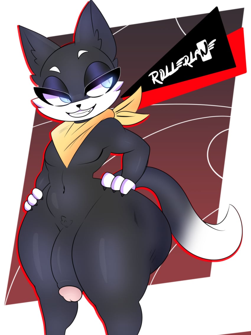 artist_signature bandana_only dick exaggerated_anatomy exhibitionism feline furry huge_butt huge_cock male_only morgana_(persona) nude persona persona_5 rollerlane smiling smirking wide_hips