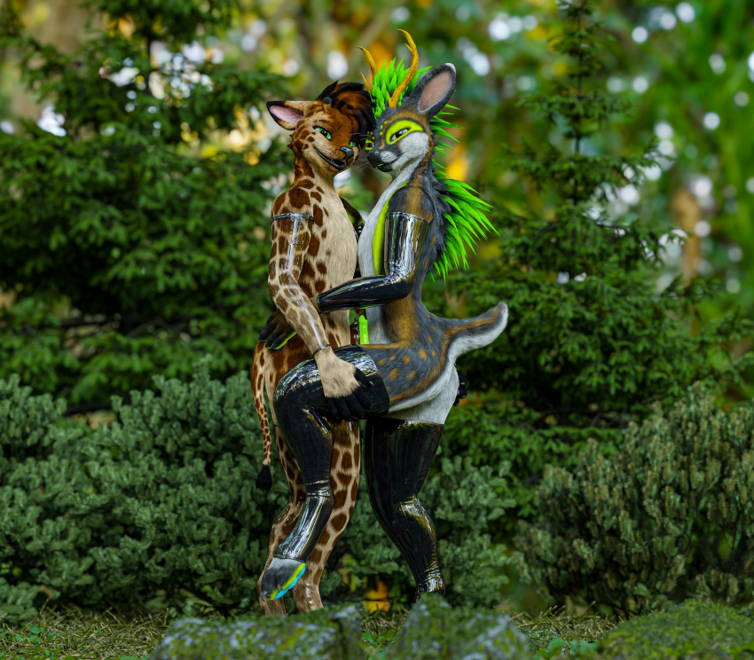 3d_(artwork) absurd_res anthro antlers ass clothed clothing deer digital_media_(artwork) duo embrace erection feathers fur genitals green_body green_eyes green_feathers hand_on_shoulder hi_res horn hug hyena kiwidox knot latex_clothing looking_at_viewer male male/male mammal multicolored_body multicolored_fur nature nature_background nub_tail outside partially_clothed pawpads paws penis rexouium standing translucent translucent_armwear translucent_clothing yellow_eyes