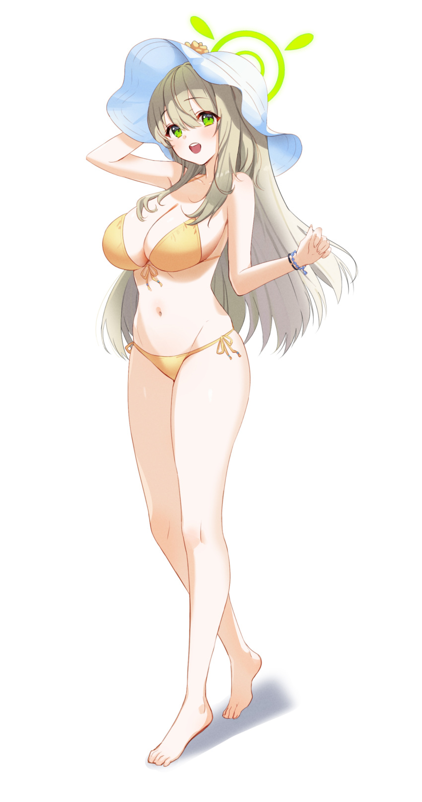 1girls abydos_high_school_student ash_(cat7evy) barefoot big_breasts bikini blue_archive bracelet breasts full_body green_eyes long_hair midriff nonomi_(blue_archive) nonomi_(swimsuit)_(blue_archive) official_alternate_costume thighs wide_brim_hat yellow_bikini