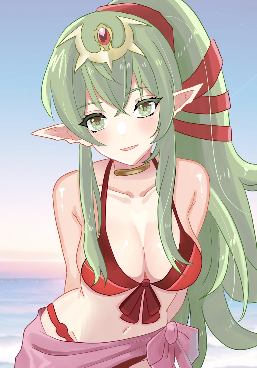 1girls absurdres alternate_costume arms_behind_back bare_shoulders bikini breasts cleavage collarbone crossed_bangs elf_ears female female_only fire_emblem fire_emblem_awakening fire_emblem_heroes green_eyes green_hair hair_ornament highres long_hair looking_at_viewer n_54 navel nintendo official_alternate_costume pointy_ears ponytail red_bikini red_swimsuit sarong solo swimsuit tiki_(adult)_(fire_emblem) tiki_(adult)_(summer)_(fire_emblem) tiki_(fire_emblem) very_long_hair