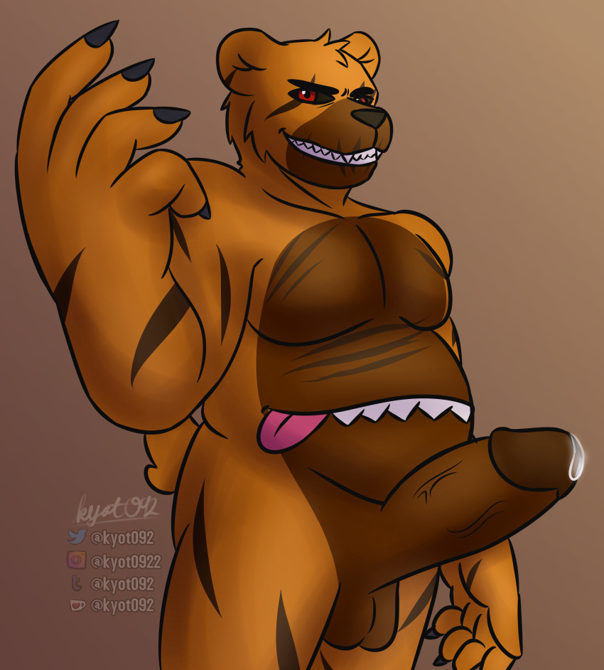 absurd_res anthro bear bodily_fluids claws cum five_nights_at_freddy's five_nights_at_freddy's_4 genital_fluids genitals hi_res kyot069 kyot092 male male_only mammal nightmare_fredbear_(fnaf) penis red_eyes scar scottgames sharp_teeth solo stomach_mouth teeth tongue tongue_out ursine yellow_body