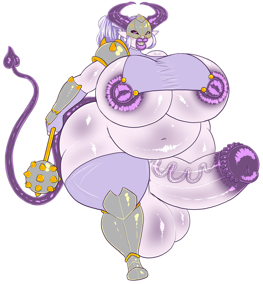 absurd_res armor balls belly big_balls big_belly big_breasts big_penis bracers breasts demon desbjust flared_penis genitals gynomorph hair hi_res horn huge_balls huge_breasts huge_cock humanoid humanoid_pointy_ears hyper hyper_balls hyper_breasts hyper_genitalia hyper_penis intersex lips mace mask melee_weapon mostly_nude navel nipple_dip nipples pale_skin pauldron penis ponytail purple_hair purple_nipples sharp_teeth solo spade_tail tail teeth thick_lips thick_thighs vein veiny_penis weapon xenvar_(desbjust)