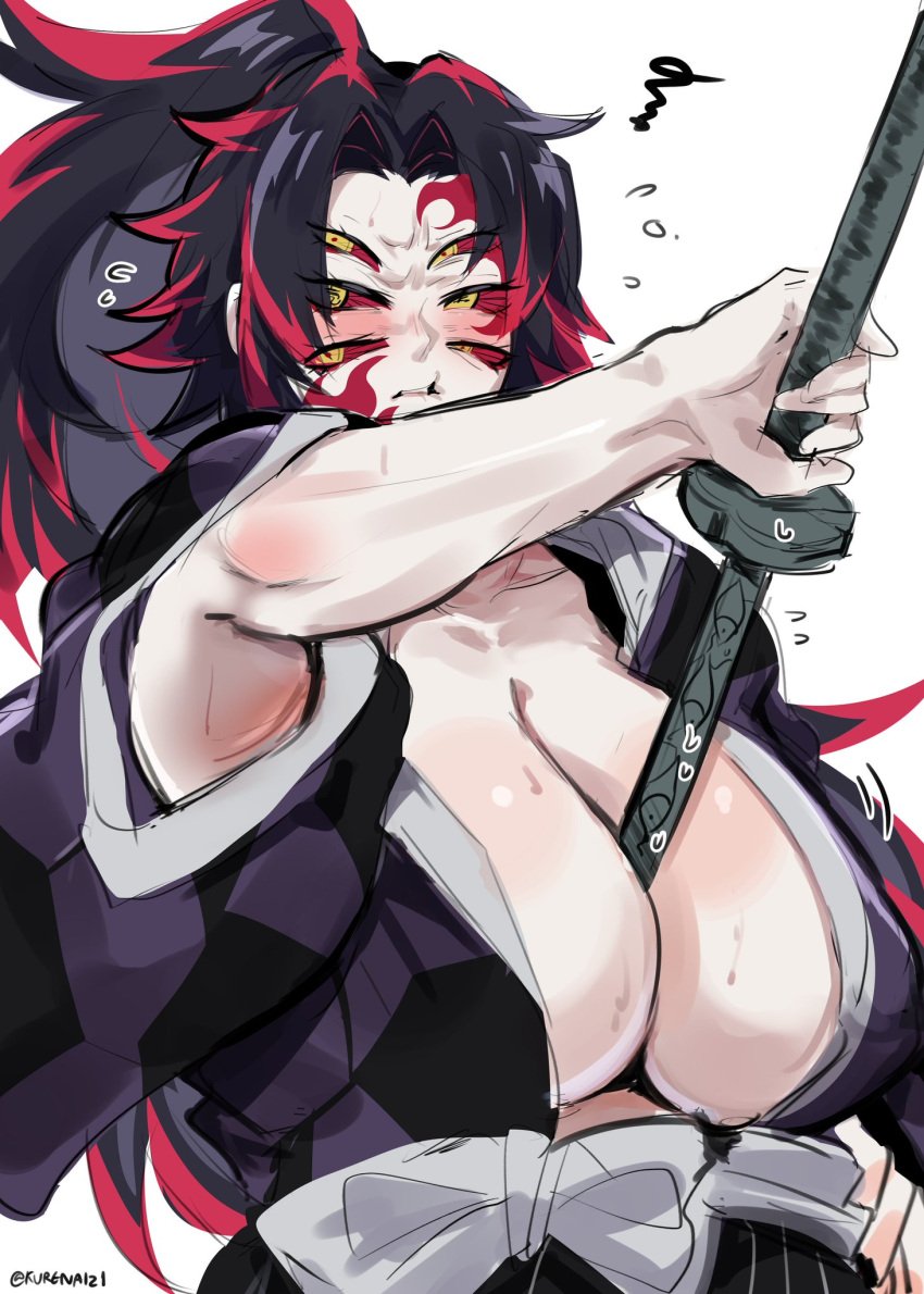 6_eyes big_breasts black_hair blush cleavage demon_girl demon_slayer facial_markings female female_only genderswap_(mtf) hakama huge_breasts japanese_clothes katana kimetsu_no_yaiba kimono kokushibo kurenaiz1 long_hair michikatsu_tsugikuni momiji_(artist) multi_eye no_bra object_between_breasts pale-skinned_female pale_skin ponytail red_sclera red_streak rule_63 samurai solo sweat sword two_tone_hair weapon yellow_eyes