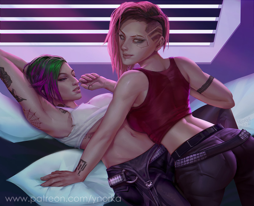 2girls cyberpunk_2077 judy_alvarez multiple_girls tagme tattoos v_(cyberpunk_2077) valerie_(cyberpunk_2077) ynorka yuri