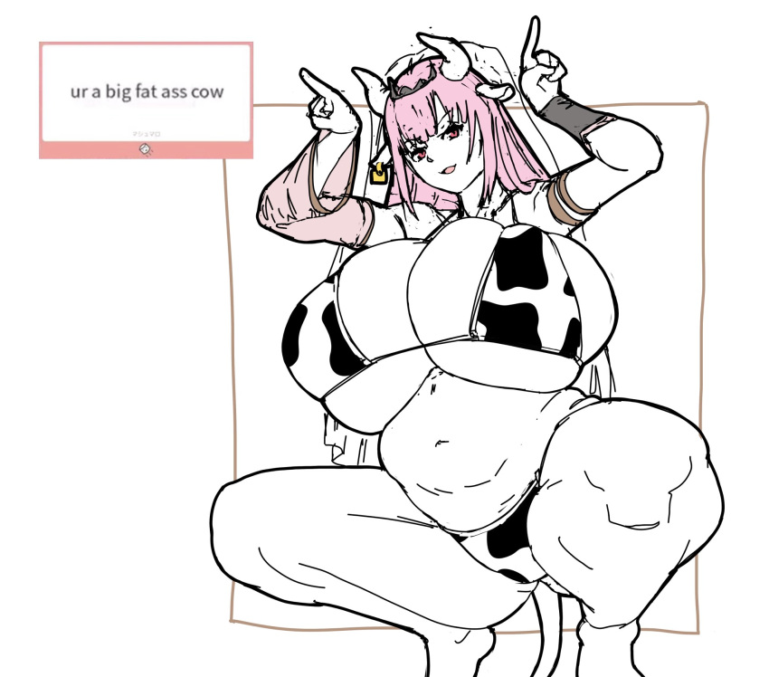 belly cow_horns cow_print cow_tail degradation degradation_text hololive hololive_english hololive_myth huge_breasts huge_thighs massgrave mori_calliope squatting tight_fit virtual_youtuber white_background