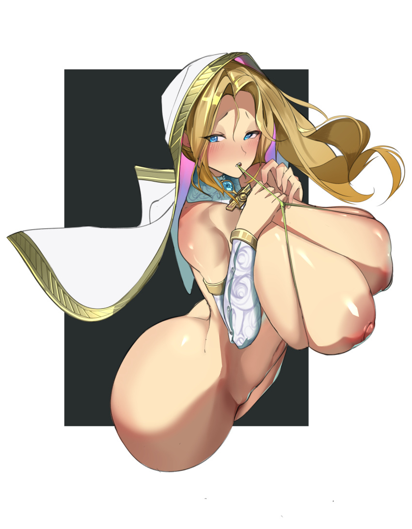 1girls ass bare_thighs big_ass blonde_hair blue_eyes breasts female female_only fire_emblem fire_emblem:_the_sacred_stones hands_on_own_chest huge_breasts long_hair micro_bikini mouth_hold natasha_(fire_emblem) nintendo nude nude_female nun shioramen12 solo thick_thighs thighs